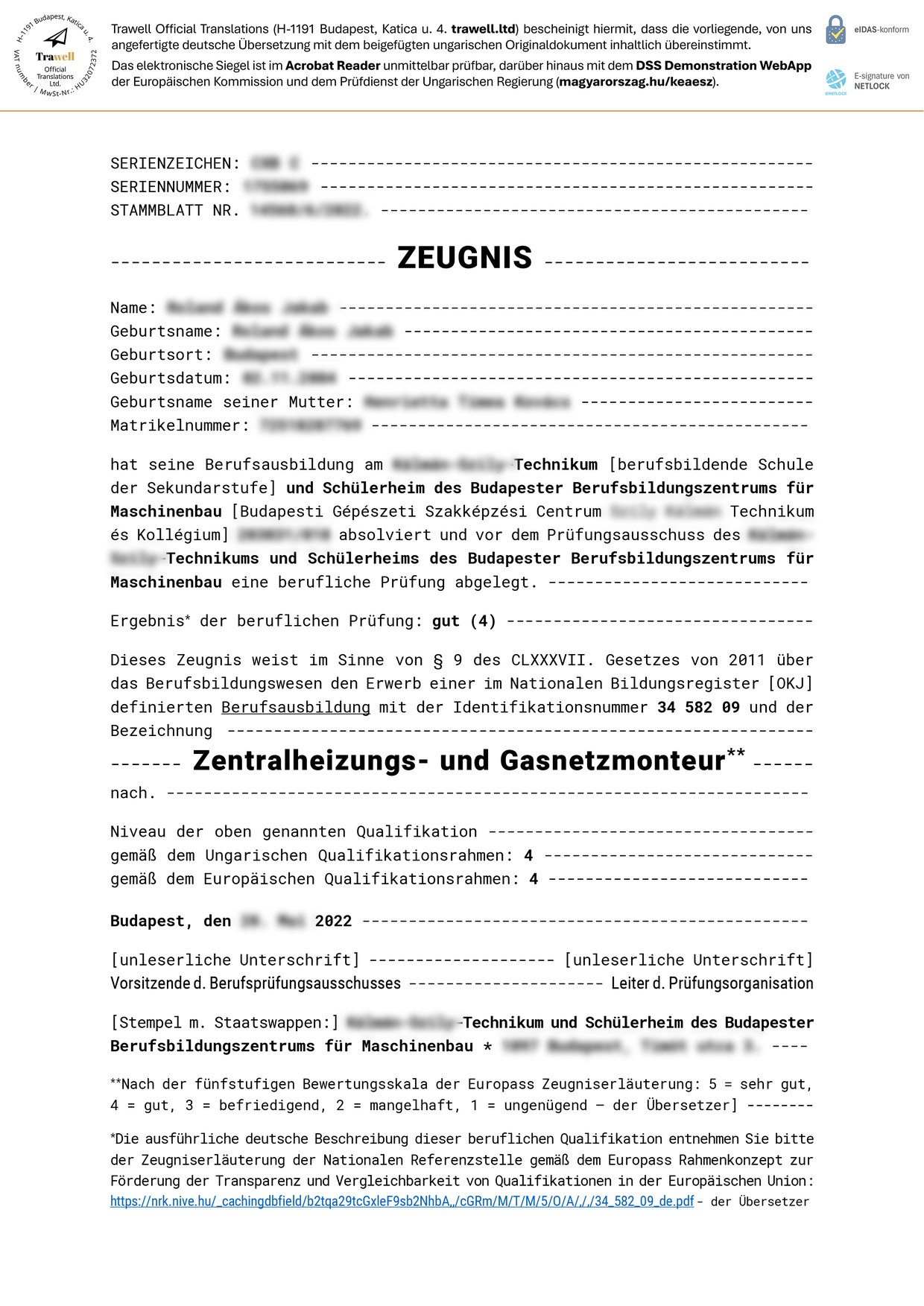 E-hiteles bizonyítványfordítás: a PDF első oldala
