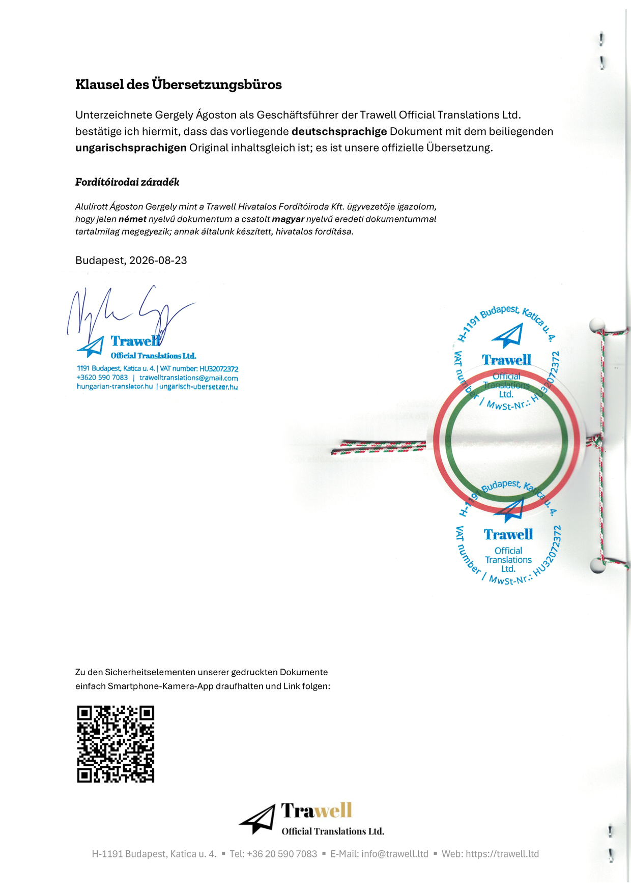 Nyomtatott bizonyítványfordítás: hátlap a kétnyelvű záradékkal és a QR-kóddal